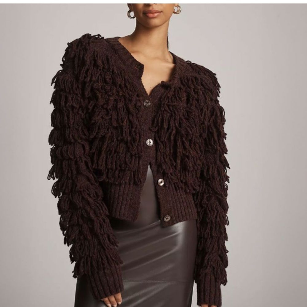 By Anthropologie Loopy Fringe
Cardigan Sweater in Brown